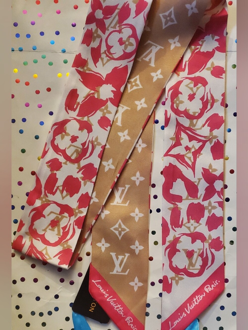 100% Silk SKINNY Bag Twilly, Scarf, Hairtie; Pink & Gold Floral